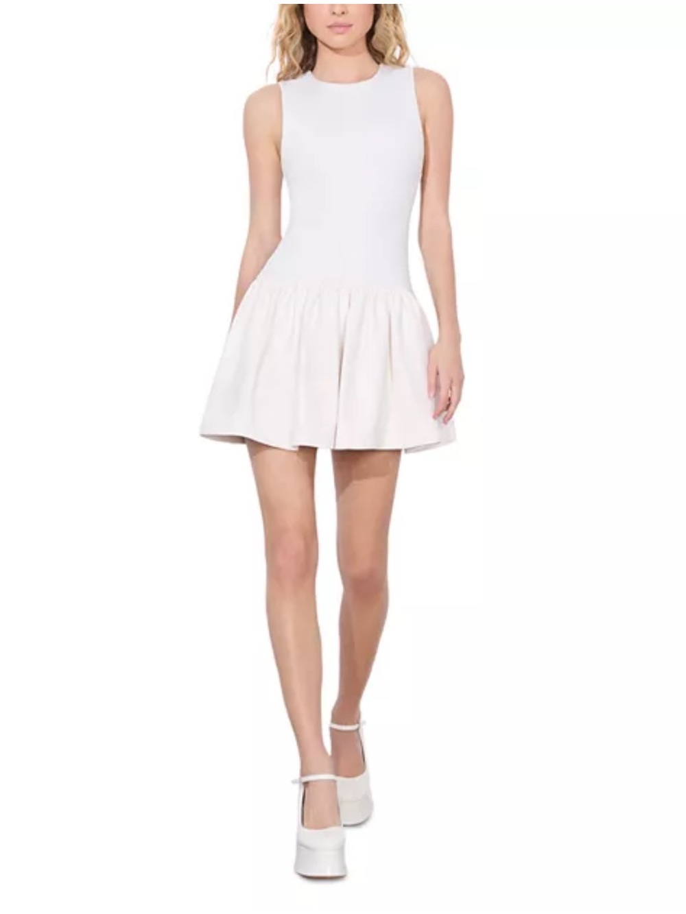 ALICE and OLIVIA Sleeveless White Fit-and-Flare faux leather combo Mini Dress
